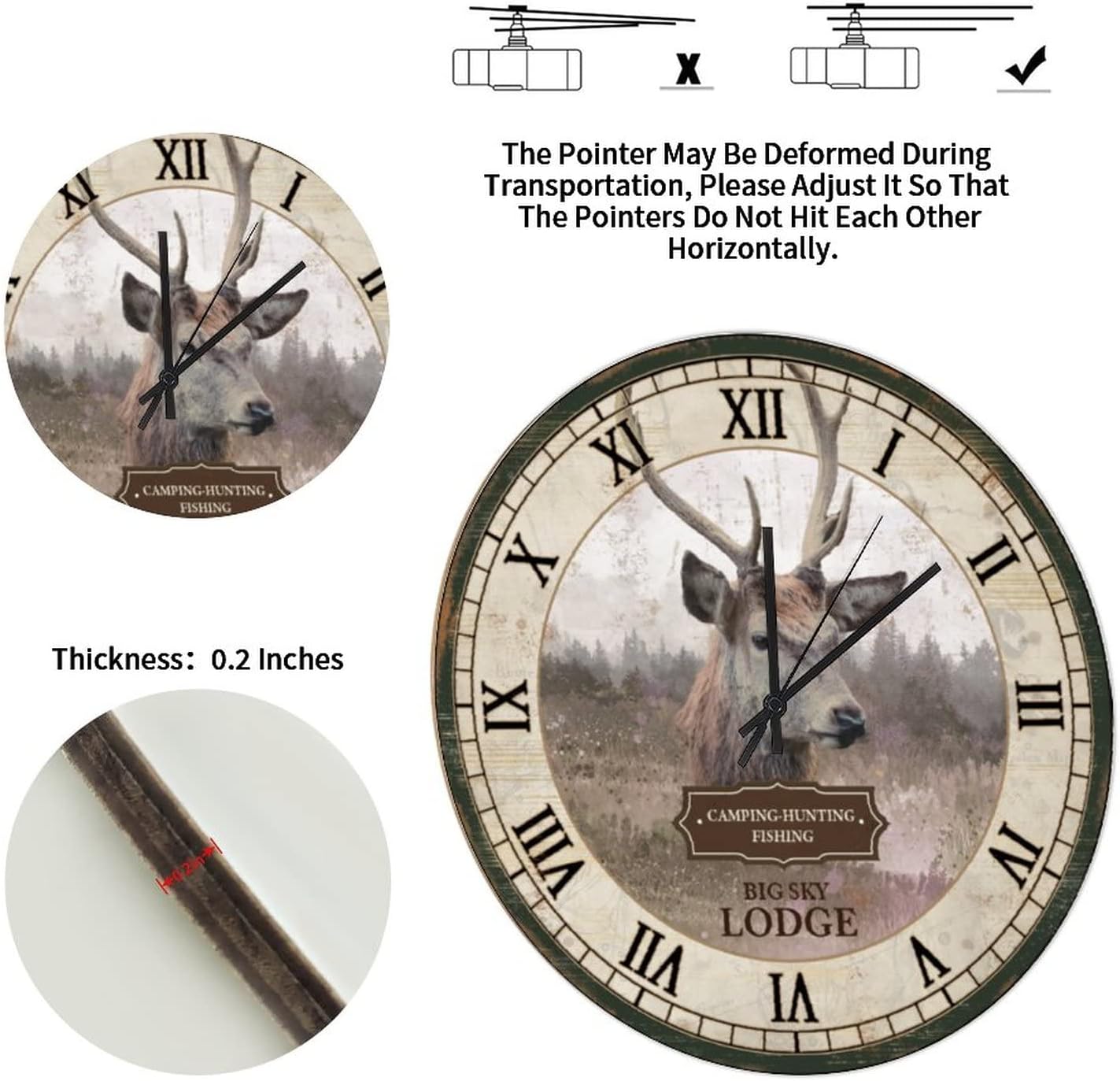Hanging Clock 12in Wild Animals Deer Wooden Clock Retro Vintage Style Coastal Style Battery Operated Quartz Analog French Design Artwork for Mantel Bathroom Office Balcony