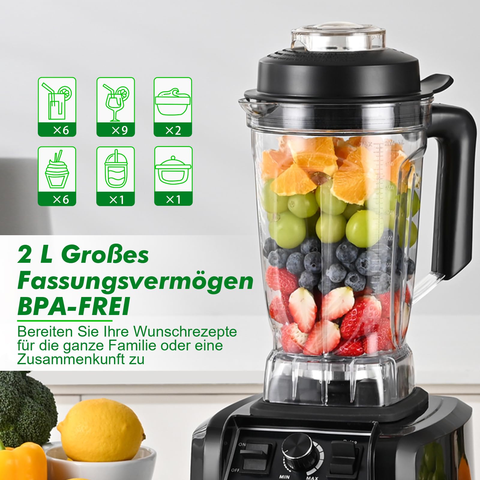 Kitchen in the box Mixer, 1500W Hochleistungs Standmixer 2L mit großem Fassungsvermögen, 8 Edelstahlklingen Smoothie Maker, schnellem Mixen für Smoothies und Milchshakes