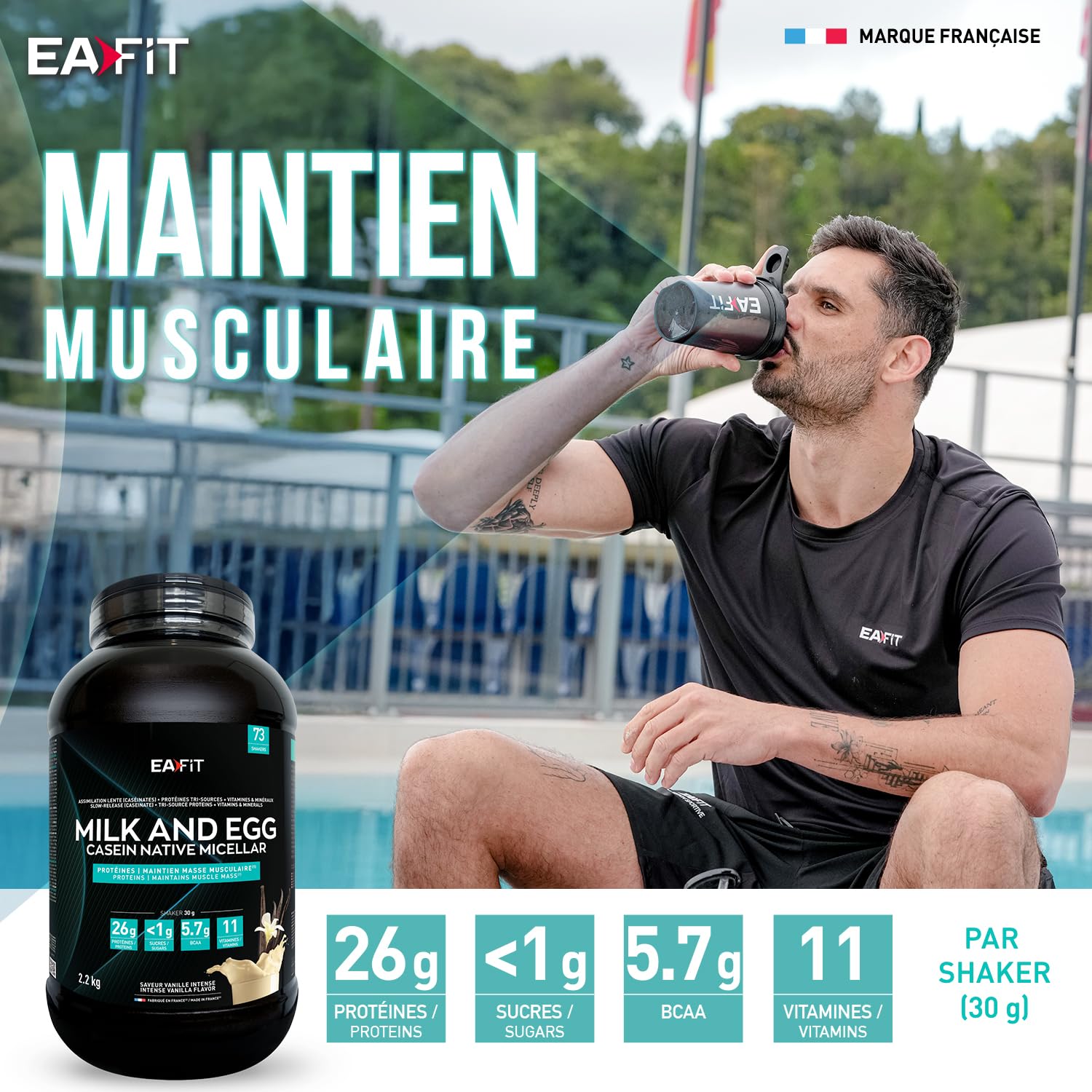 EAFIT Milk Egg 95 Micellaire 2,2kg - Vanille - Proteine de Caseine - Protéine musculation - Maintien masse musculaire - Assimilation lente - Marque Française - Anti-dopage - 73 portions
