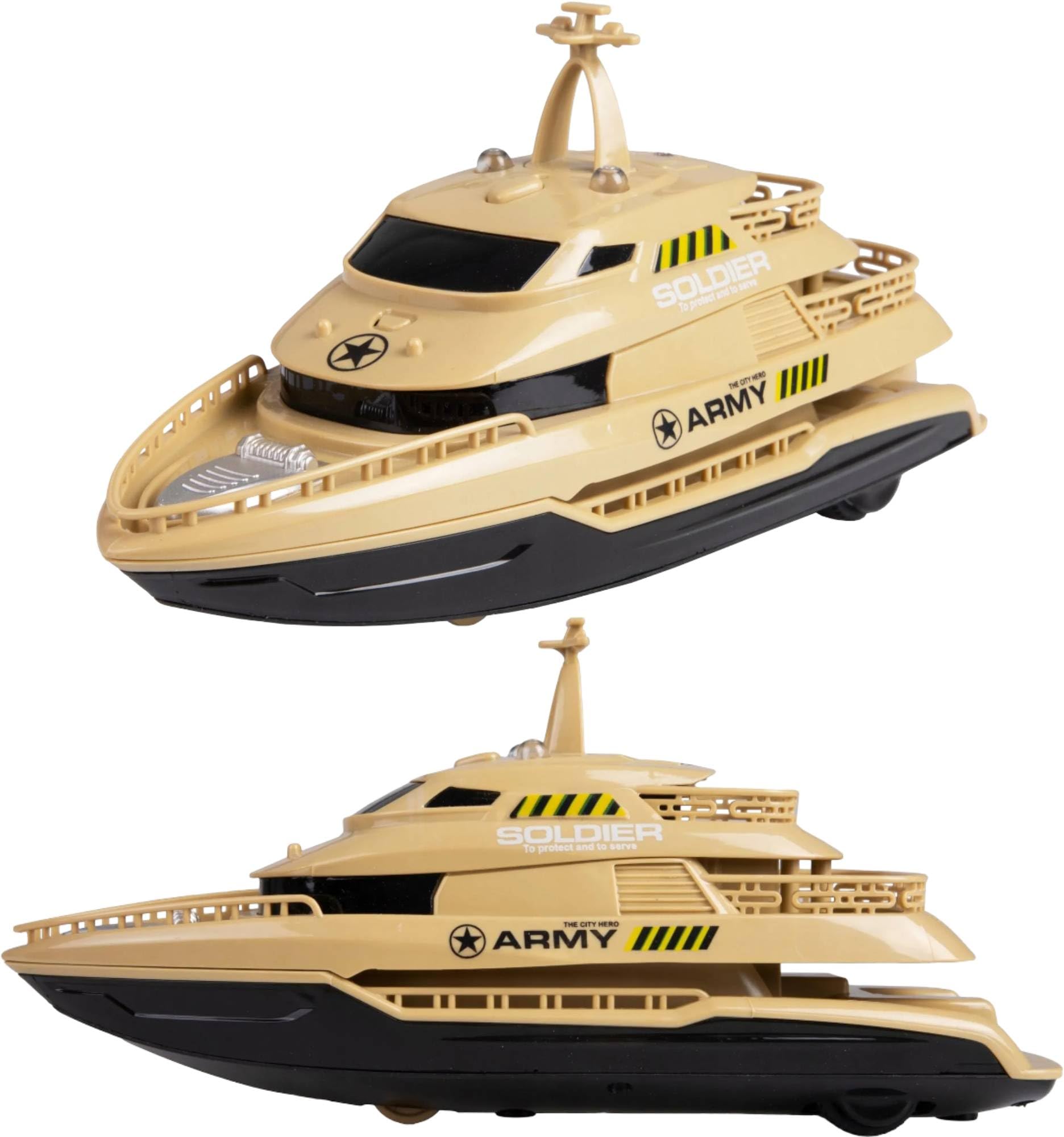 SHAKTISM Military Rescue Yacht Toy Boat for Kids, Light & Music, Friction Powered, 1:20 Scale, ABS Plastic, Beige & Black, Age 3+-image-45