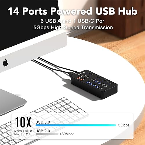 Miniatura 3 de Hub USB alimentado, divisor de concentrador de datos USB de 14 puertos con 6 puertos USB 3.0, 4 puertos de carga, 1 puerto de datos USB-C 3.0, 1