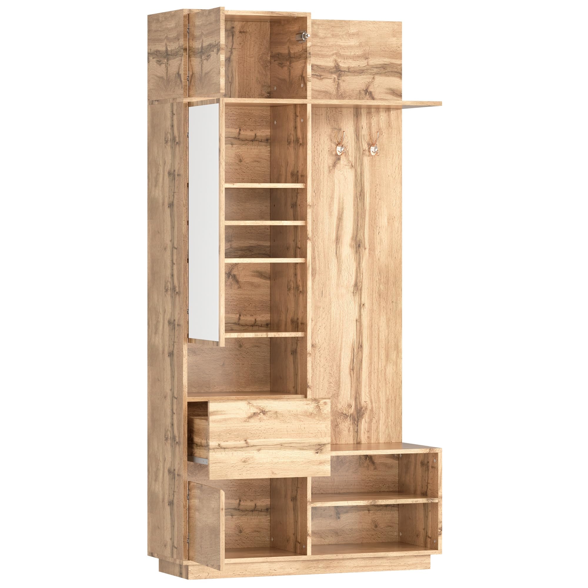 Perchero de Pasillo, Juego de Percheros Compacto con Espejo y Banco, Zapatero con Ganchos, Colgadores de Ropa, Muebles de Entrada (Natural)