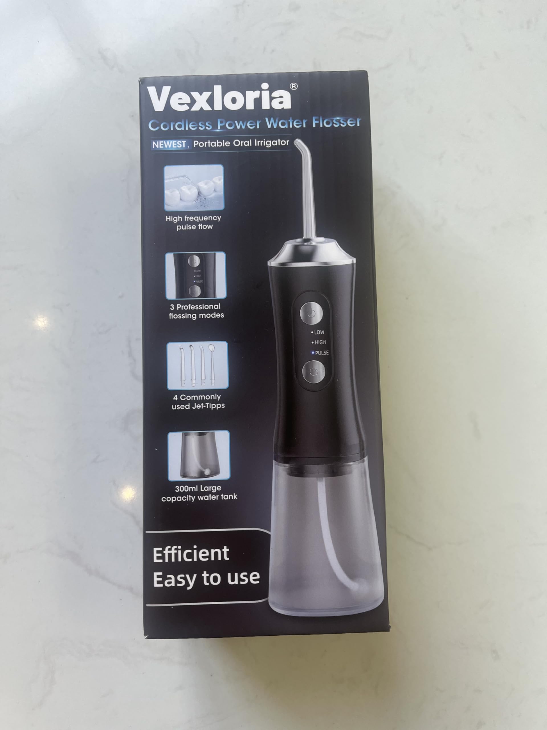 Vexloria Jet Dentaire Hydropulseur Portable 300 ML Water Flosser, Hydropulseur Dentaire Avec 3 Modes de Pression d'eau et 4 Embouts Remplaçables, Irrigateur Dentaire USB Rechargeable, noir clair