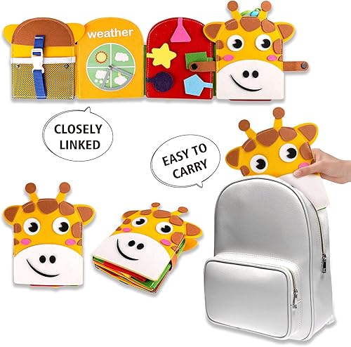Miniatura 3 de Libro silencioso de fieltro para niños, libro de tela 3D de jirafa para niños y niñas de 3 años, actividad sensorial, habilidades motoras finas,