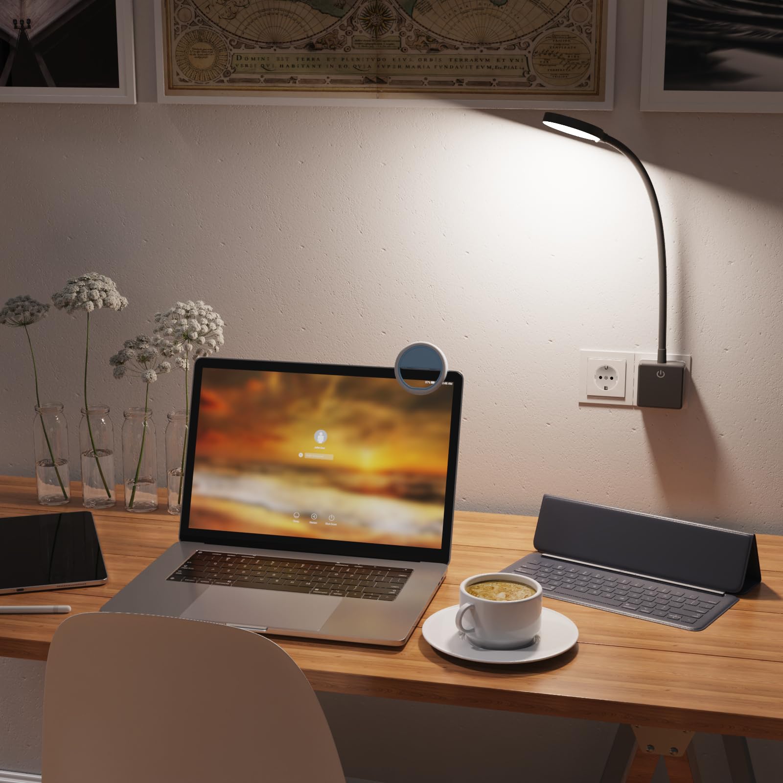 ENUOTEK Lampe Applique Murale de Chevet Chambre Lecture LED avec Prise de Courant pour Lire la Nuit, 4W 350Lm, 3X Luminosité Tactile Dimmable, 3000K-4000K-5000K, Lampe Flexible Noire
