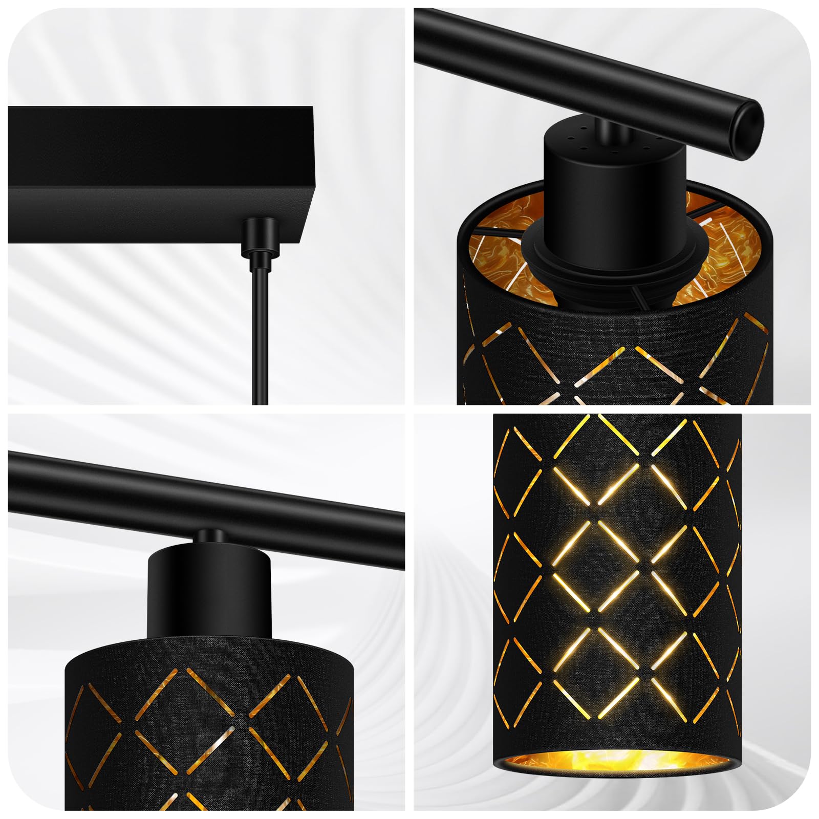 Pendelleuchte Esstisch 4 Flammig Schwarz, Hängelampe Esszimmer Höhenverstellbar, Vintage Esszimmerlampe E27 mit Laser-Cut Stoffschirmen, Modern Industrie Esstisch Hängeleuchte für Küche Wohnzimmer Bar