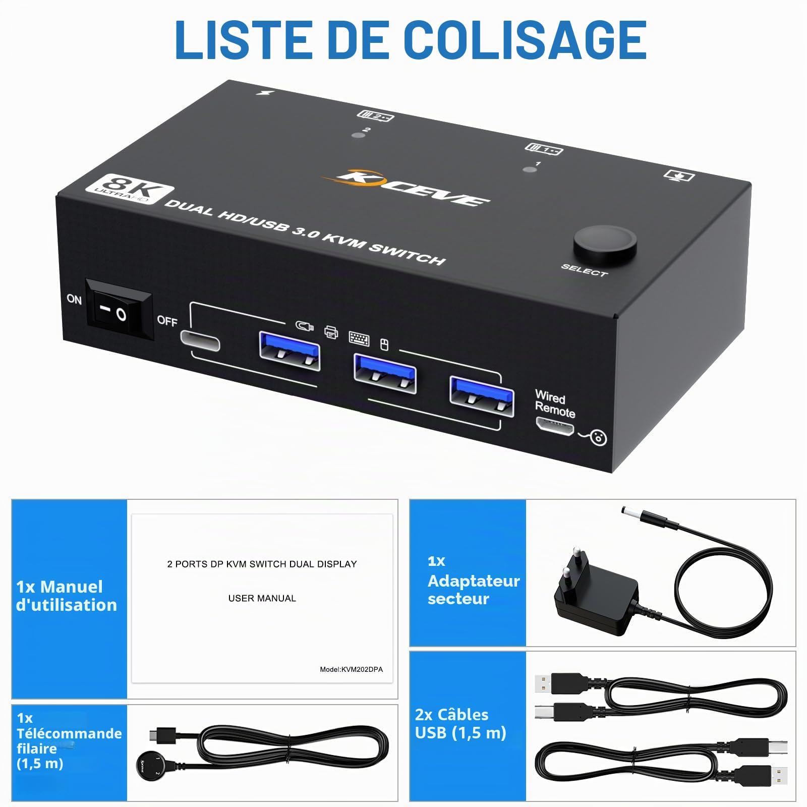 Commutateur KVM 2 PC 2 moniteurs 8K @ 60Hz 4K @ 144Hz, commutateur KVM double moniteur HDMI2.1 pour 2 PC Partager 2 moniteurs et 4 appareils USB 3.0 (3USB-A+USB-C), avec bloc d'alimentation 12 V CC +