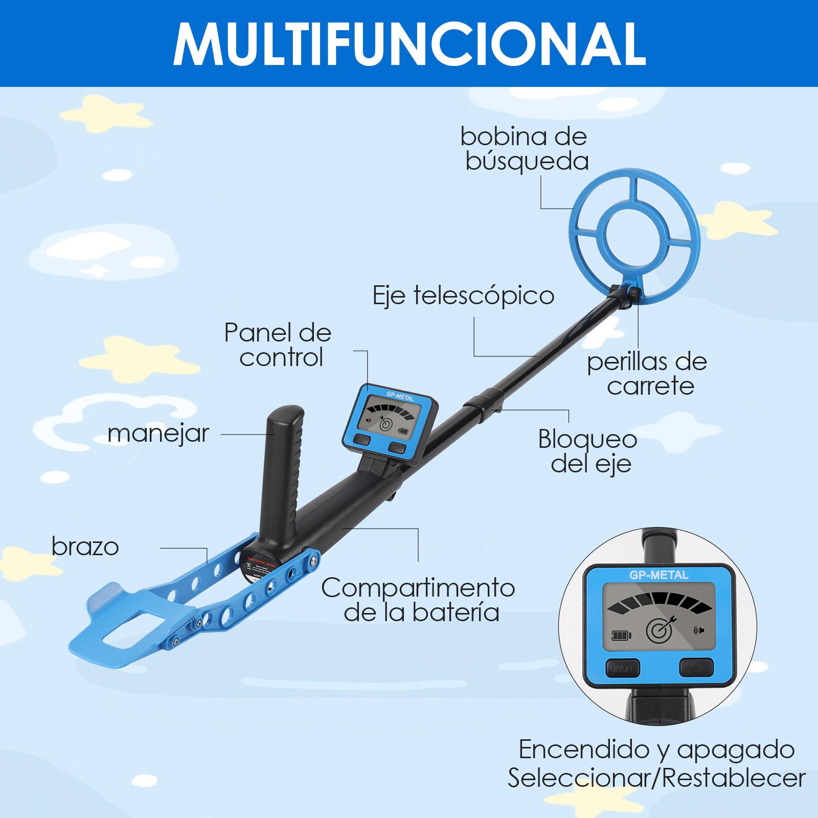 Detector de Metales para Niños, Detector Metales con Pantalla LCD, Alta Precisión, Mango Ajustable, Bobina de Búsqueda, para Niños, Exploración al Aire Libre