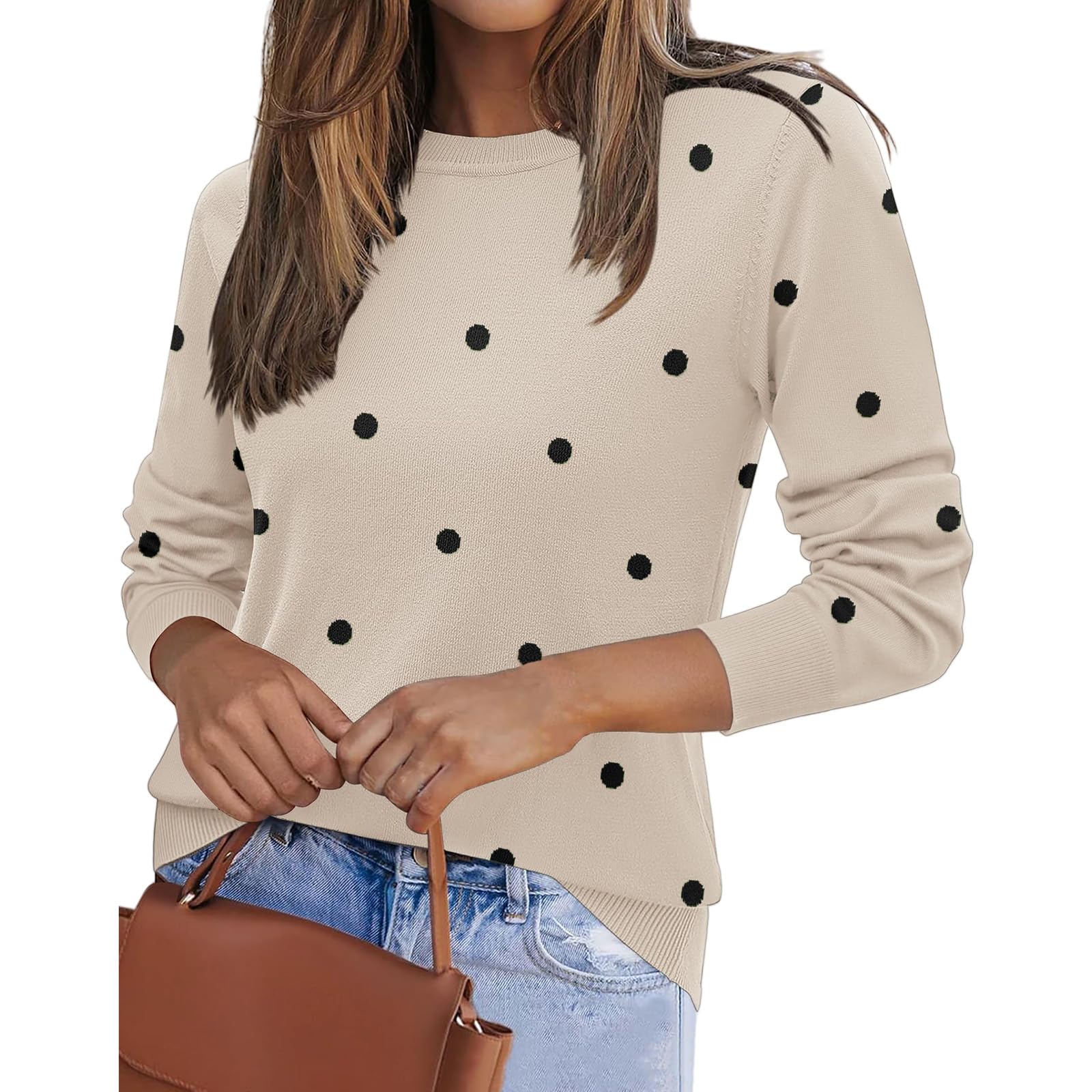 Women Sweaters Polka Dots Crew Neck Knit Sweater Casual Trendy Pullover Sweaters Loose Long Sleeve Top Basic Clothes