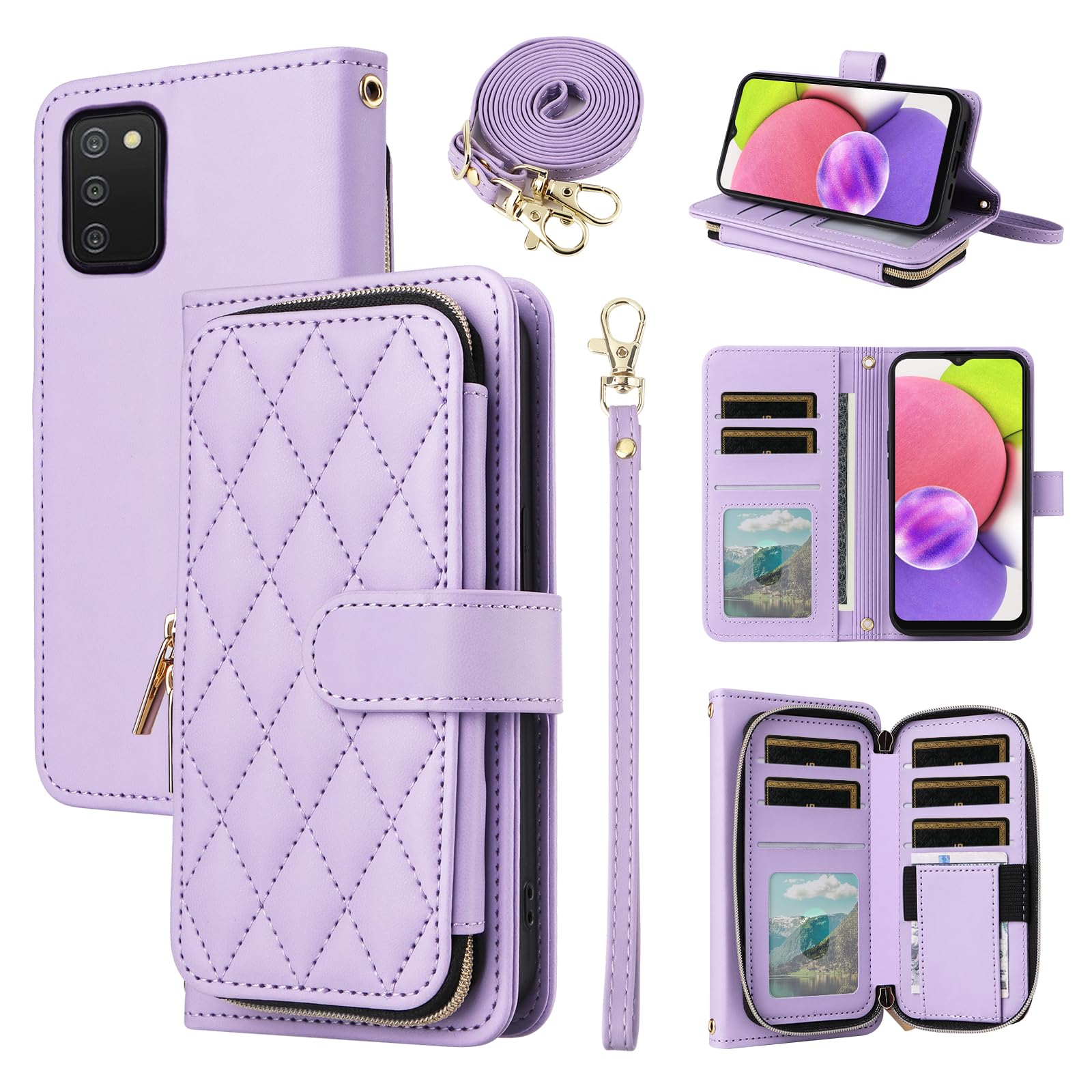 Furiet Argyle Wallet Case for Samsung Galaxy A03s US Version 5G 2022 with Wrist Strap Shoulder Strap, 9+ Card Slot Zipper Purse Stand Checkered Phone