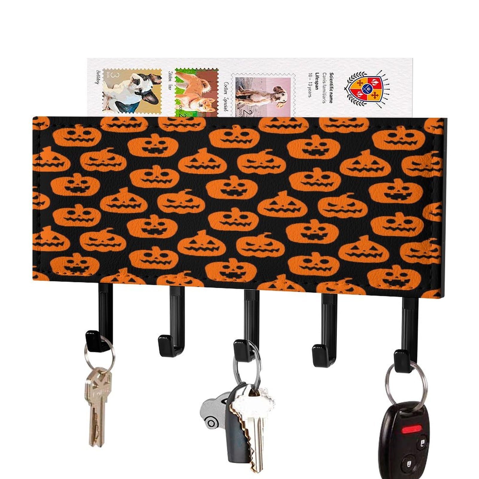 Fekiloot Black-Style Horror Pumpkin Pattern Key Holder Wall Mount Key Hanger With 5 Hooks Decorative Key Rack Hanging Key Hooks With Mail Organizer Key Holder For Wall Living Room Kitchen Bathroom Hallway Black