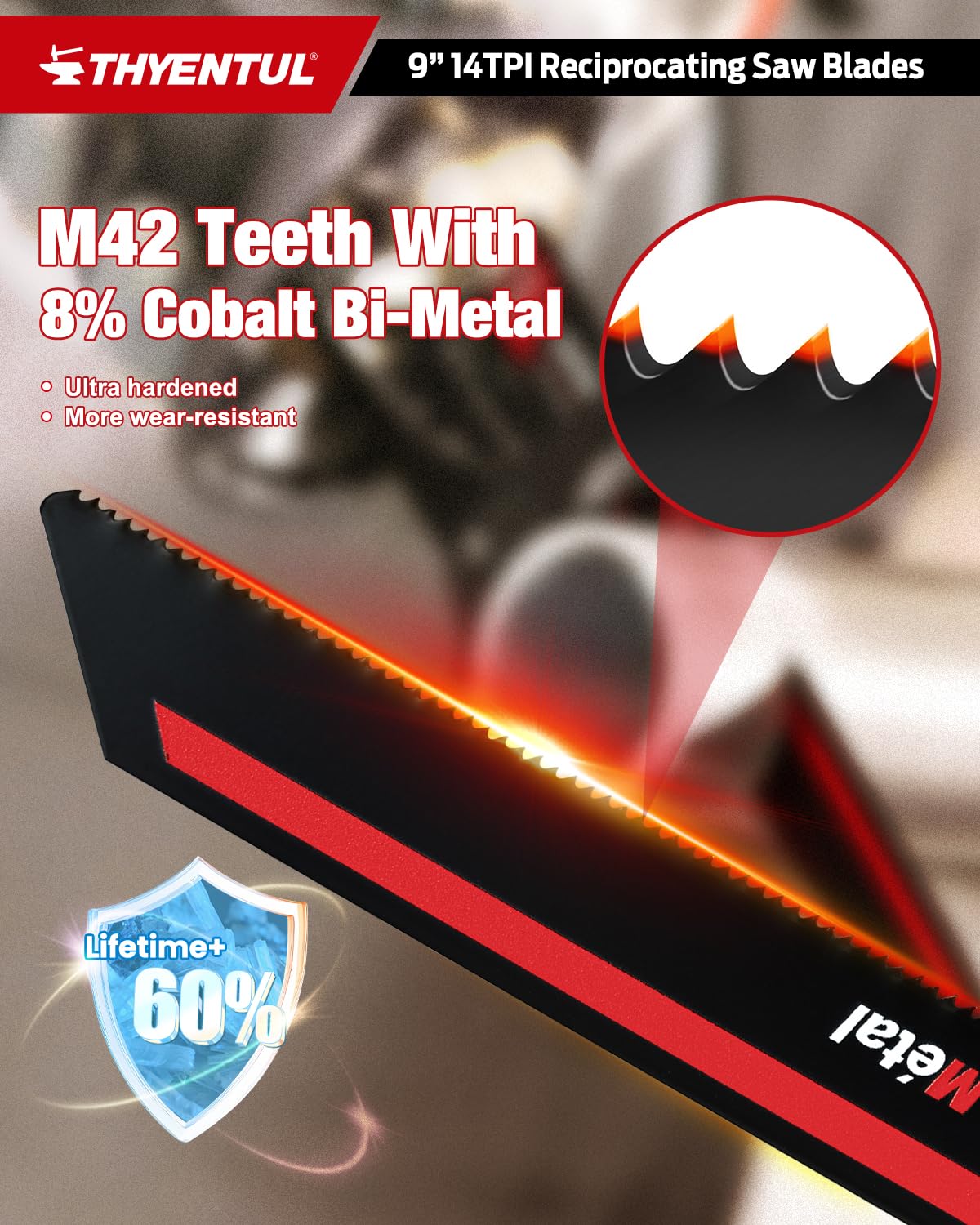 10 hojas de sierra alternante 14TPI de 9 pulgadas para corte de metal, dientes M42 con hojas de sierra bimetálicas de cobalto para tubos de metal, chapa de metal