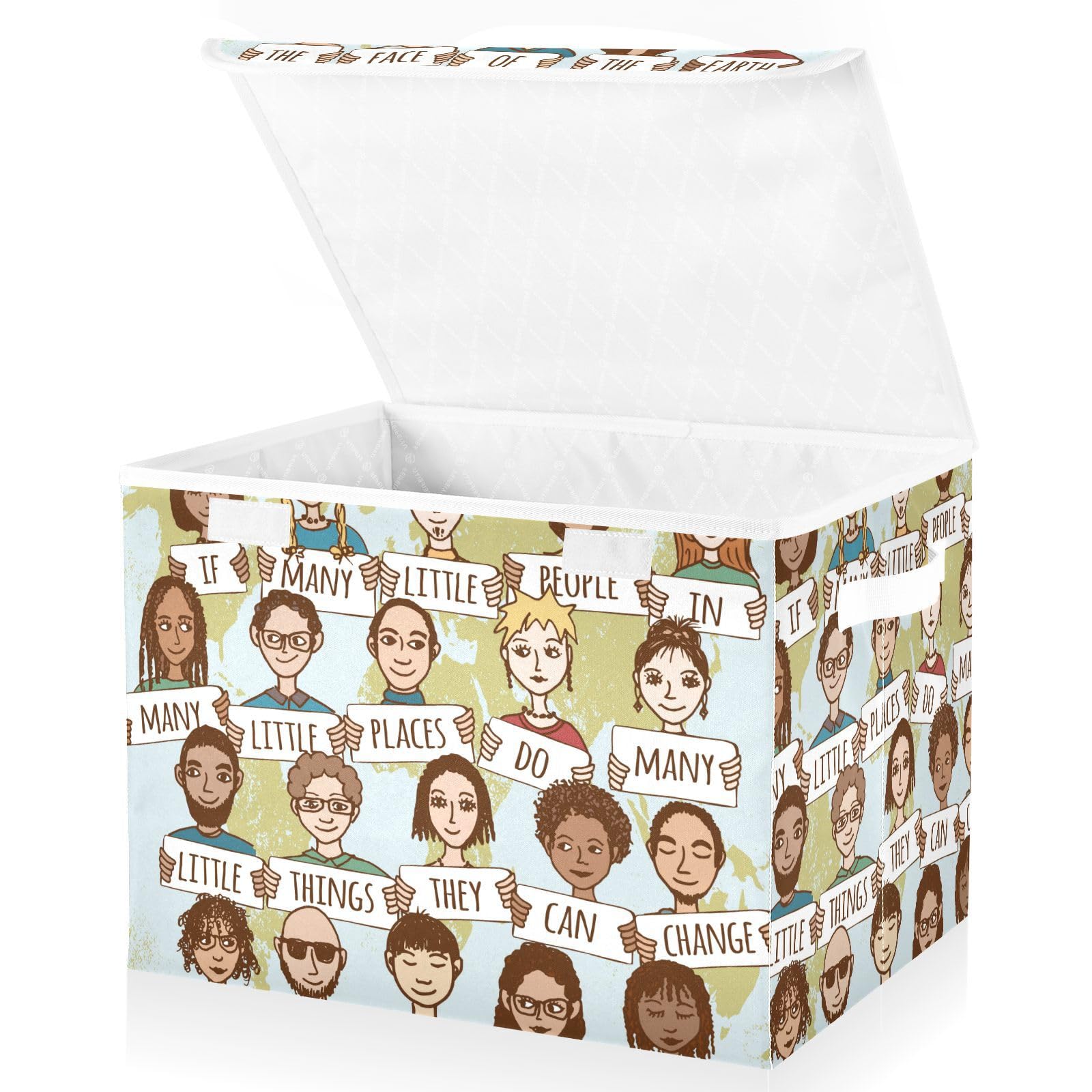 Anrik People Earth Storage Bins with Lids Foldable Storage Boxes with 2 Handles, Language Cartoon Decorative Storage Basket Collapsible for Clothes Books