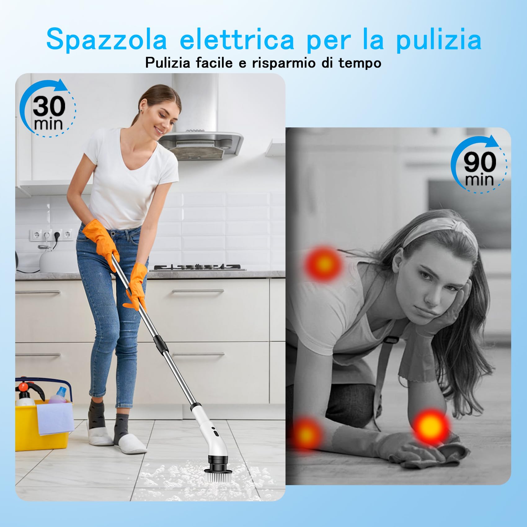Spazzola elettrica per la pulizia, 9 in 1, spazzola elettrica per la pulizia domestica, 2 modalità, Spin Scrubber Electric Cleaning Brush con 34-130 cm, spazzola per il bagno (White)