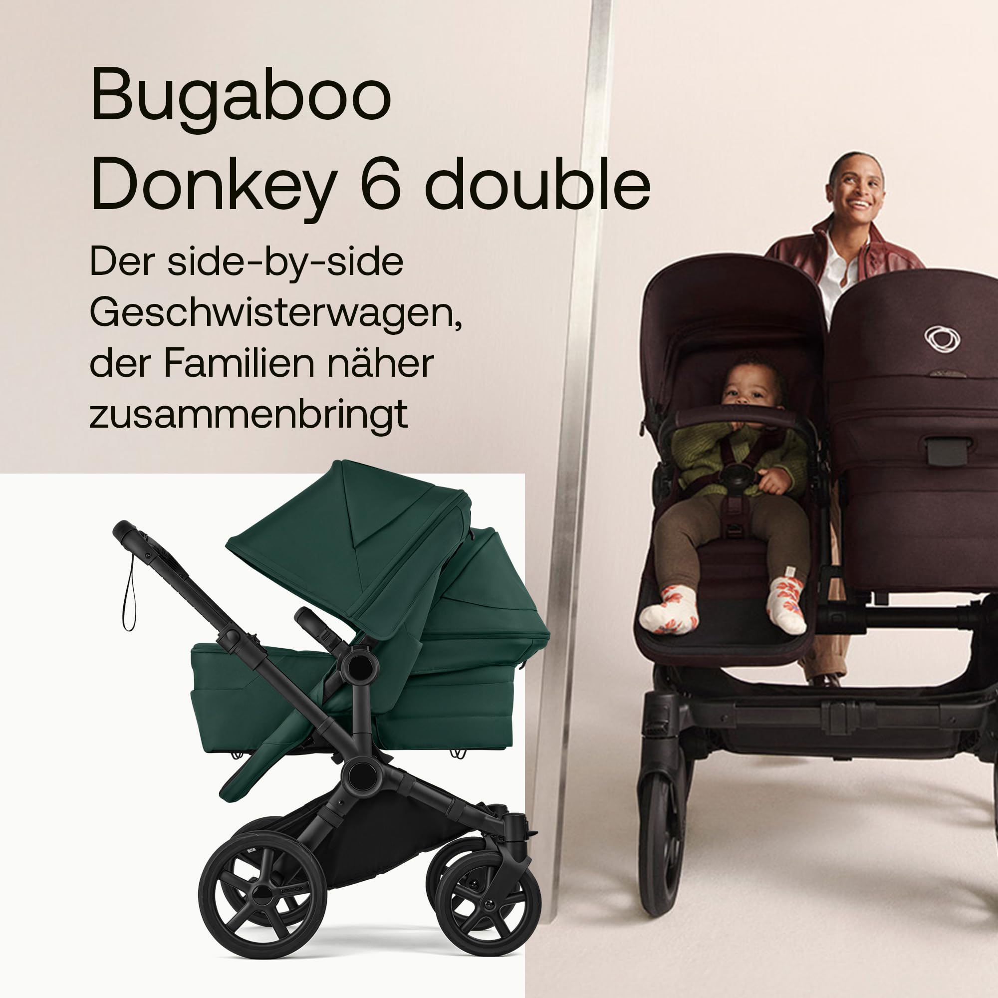 Bugaboo Donkey 6 Double Erweiterungsset, Doppelkinderwagen mit wendbarem Sitz, Fern Green