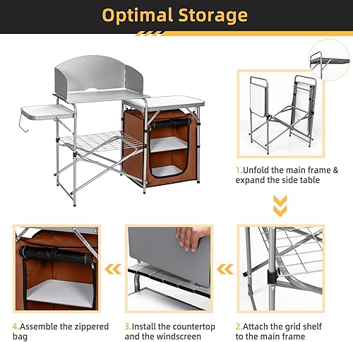 Miniatura 5 de GYMAX Cocina portátil de aluminio para acampar, mesa de cocina plegable con mesa de 26 pulgadas, parabrisas desmontable y bolsa de transporte, mesa