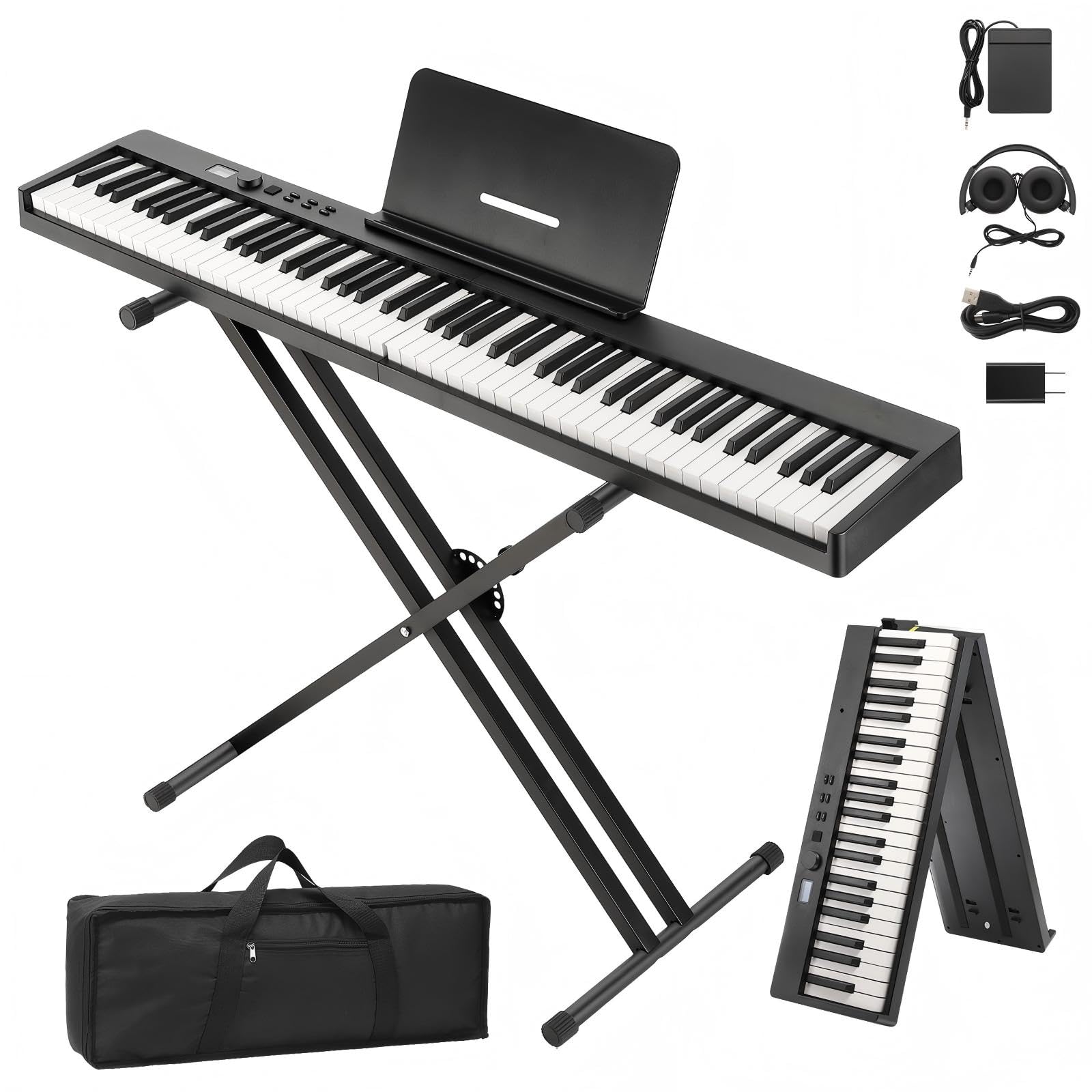 Garvee 88 Key Full-Size Semi-Weighted Electronic Keyboard Piano, Portable Folding Design with Headphones, Sustain Pedal, Stand, Power Adapter &amp; Travel Case - Perfect for Beginners and Adult Players
