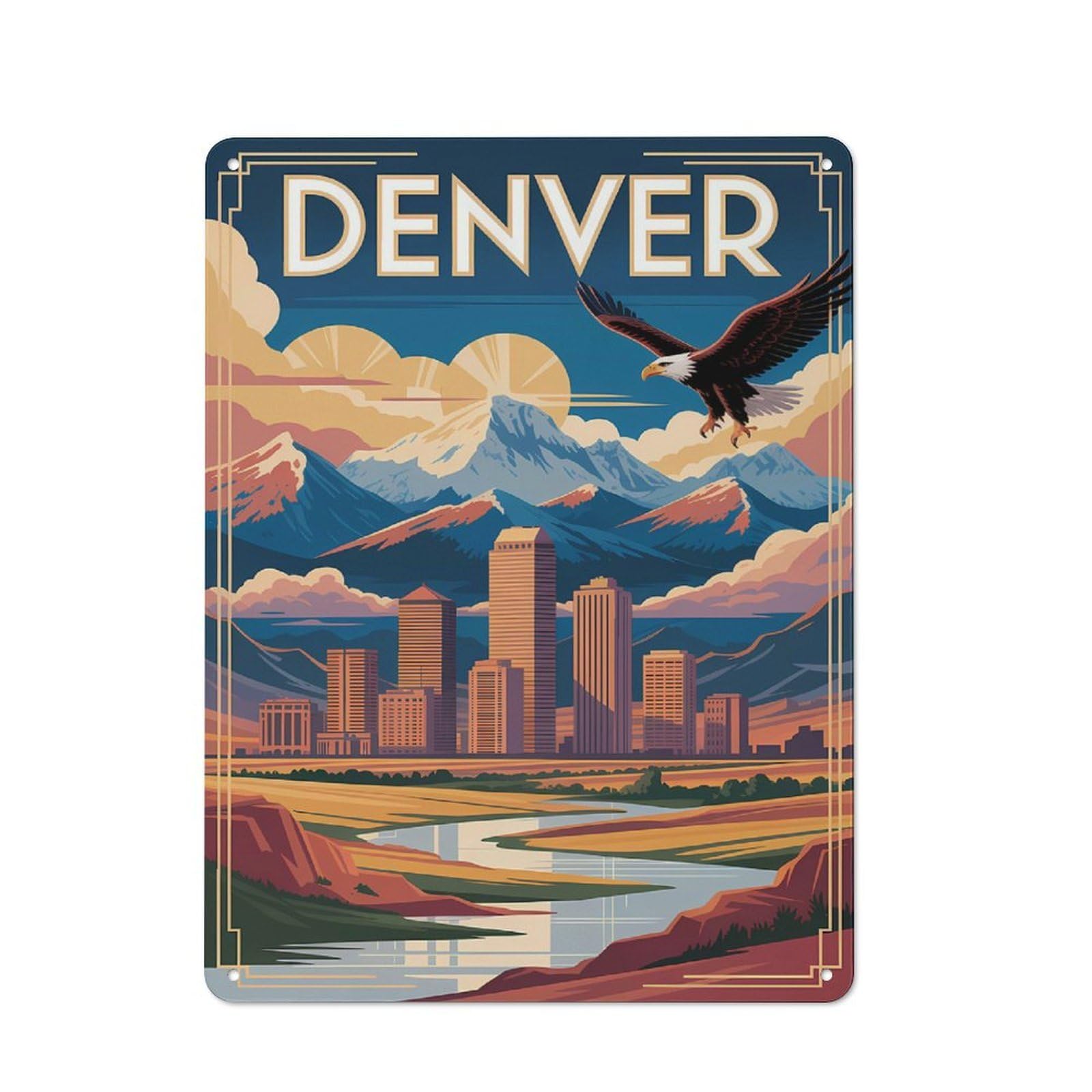 Junmoney Style-5 Rustic Tin Sign 40X30cm Featuring Denver Travel For Living Room Wall, For Room Styling Across Living Rooms And Feature Walls