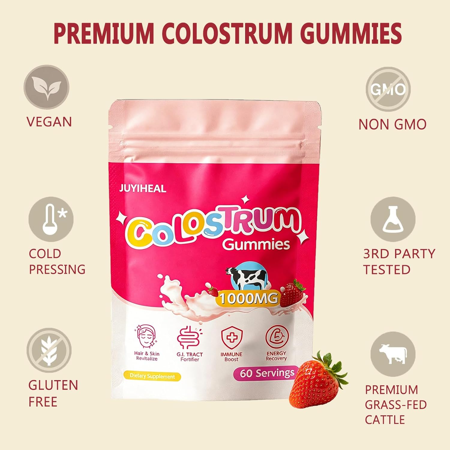 Core Bovine Colostrum Gummies, 1g Per Serving Grass Fed Colostrum Chews Colostrum Supplement for Gut Health, Hair Growth, Beauty, and Immune Support, Strawberry Flavor 60 Servings