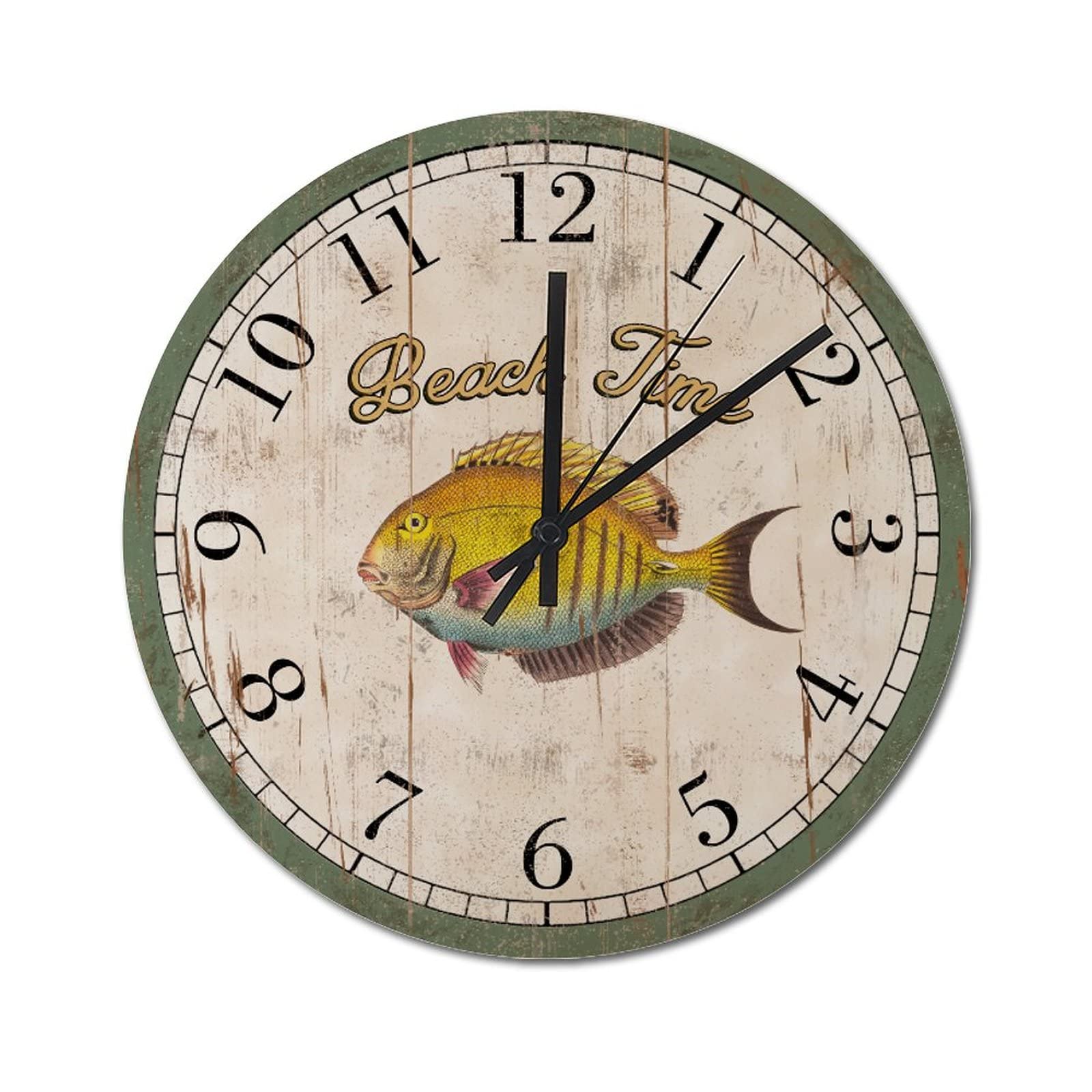Horloge ronde en bois style rustique de 38 cm avec motif poisson vintage