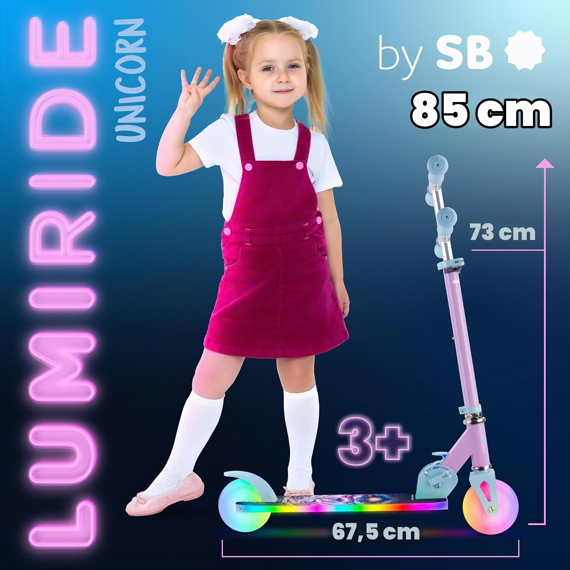 LUMI RIDE Monopattino Bambini 3 Ruote LED 3+ | LED a 7 colori con 20 programmi, manubrio regolabile, freno a pedale, maniglie removibili