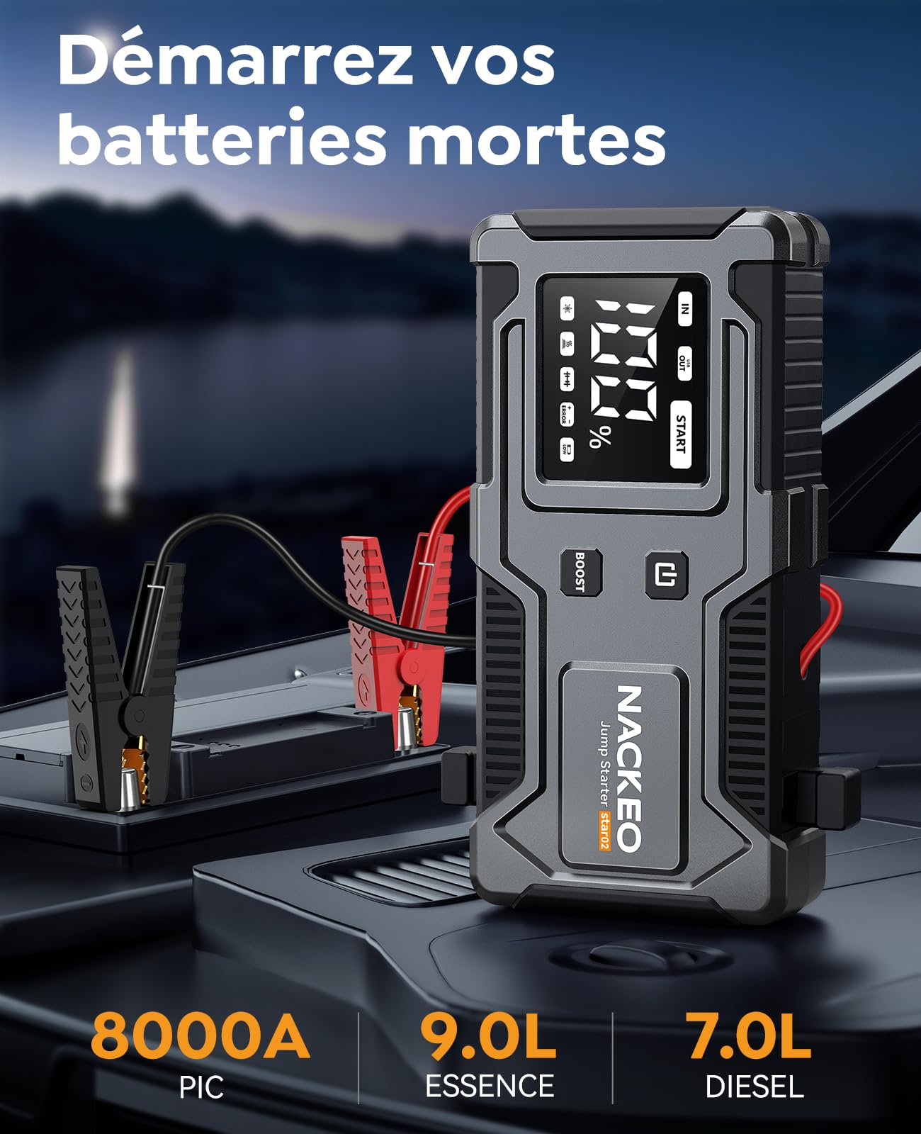 8000A Booster Batterie Voiture,Démarreur de Voiture (Jusqu’à 9 L Essence et 7 L Diesel),Jump Starter 12V avec Câbles de Démarrage Intégrés, Lampe LED et Écran LCD, Adapté aux Motos, SUV et Tondeuses