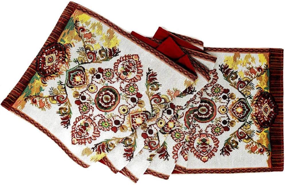 Tache Rococo Tapestry Table Runner 13x90 Elegant Rustic Ornate Burgundy Ivory Paisley Dining Cotton Linen Boho Tapestry Woven Long Kitchen Dining Long Table Runner for Dining Table