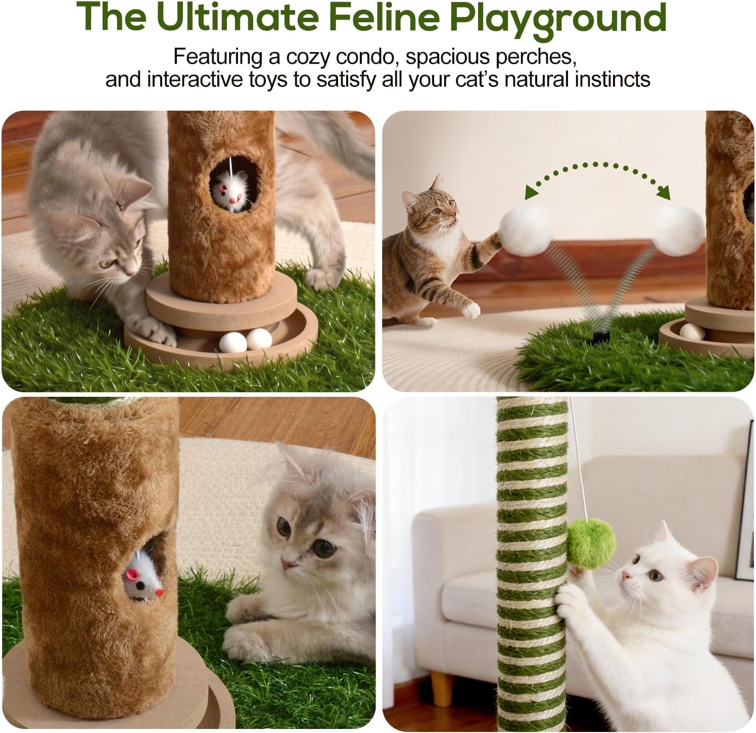 40'' Tall Cat Scratching Post Indoor for Large Cats, 3.5" Thick Natural Sisal Rope Cat Scratcher, Sturdy Indoor Cat Scratching Posts with Interactive Play Balls for Adult Cats Kittens