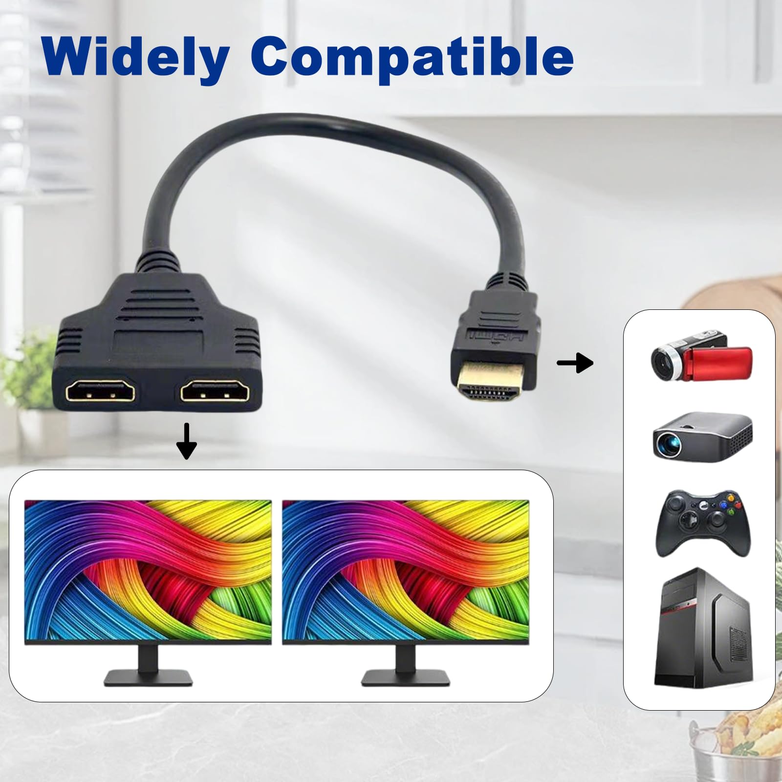 HDMI Splitter 1 in 2 Out HDMI Splitter for Dual Monitors Male to Dual Female, 1 to 2 Way Distributor for LCD, LED, TV, DVD and More, Plug and Play — view 3