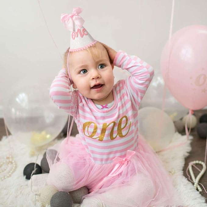 Sombrero de cumpleaños KOJIN con lazo rosa para 1 año miniatura 5