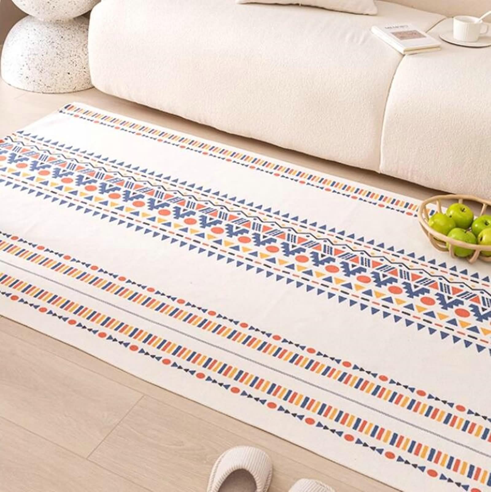 Teppich Schlafzimmer 85x85cm, Teppich Küche Modern Rot Blau Gelb Rechteckig Geometrisches Muster Baumwoll Leinen