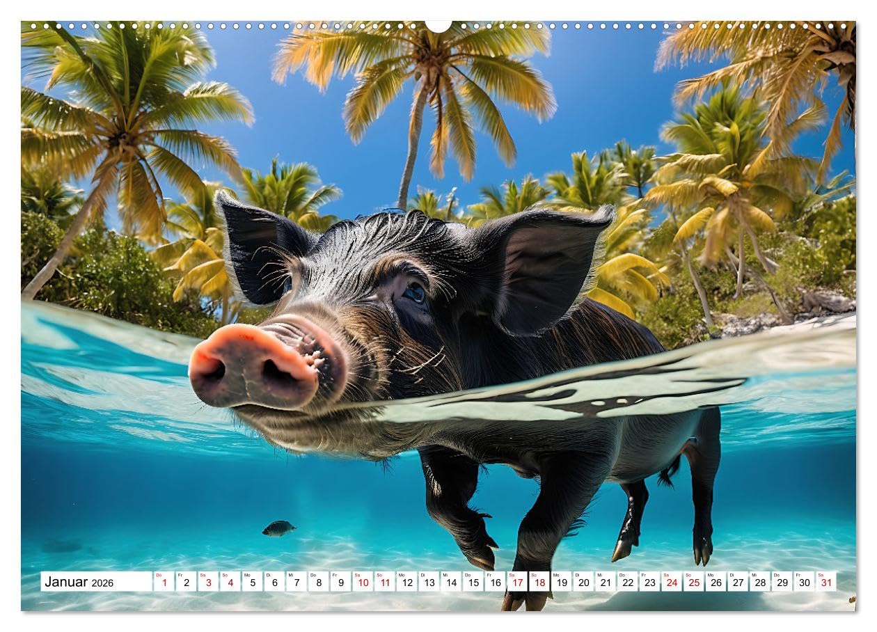 Schwimmende Schweine im Paradies (hochwertiger Premium Wandkalender 2026 DIN A2 quer), Kunstdruck in Hochglanz: Niedliche Schweinchen tummeln sich an ... in kristallklaren Gewässern (CALVENDO Tiere)