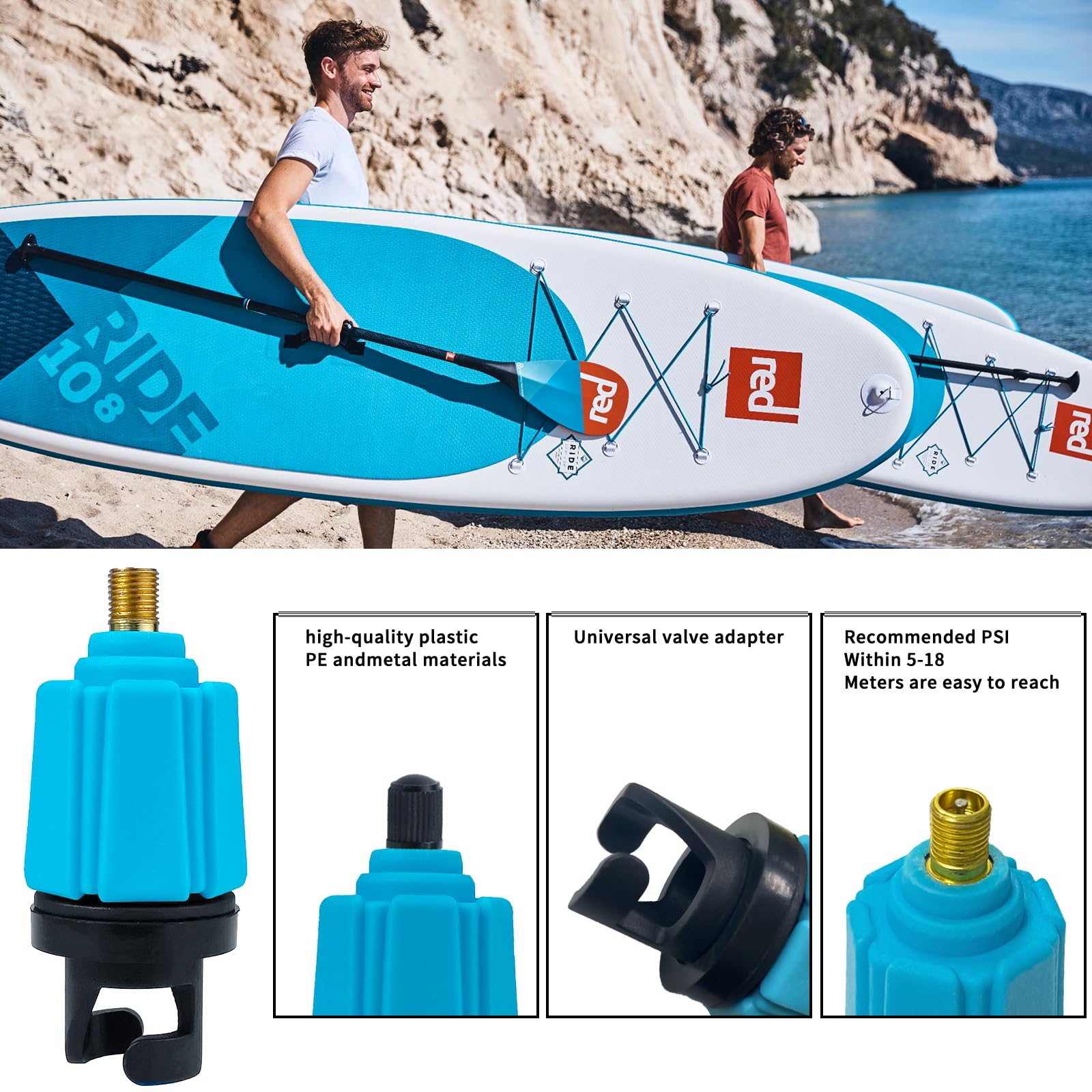 Adaptador Valvula Paddle Surf Inflador, Inflable Adaptador Bomba Aire Sup Hinchador con 4 Boquillas de Aire, para Kayak, Tabla de Paddle Surf, Canoa