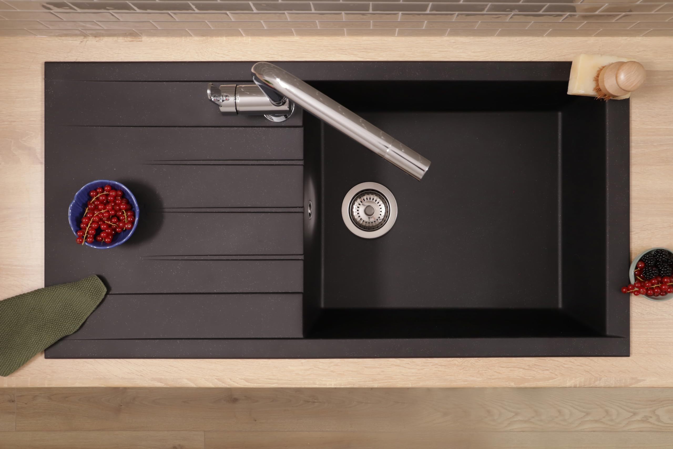 Respekta Houston Lavello in Mineralite nero/Lavello da incasso a 1 vasca da 100 x 50 cm/Lavello adatto a mobili sottolavello a partire da 60 cm di larghezza / HOUSTON100X501BS