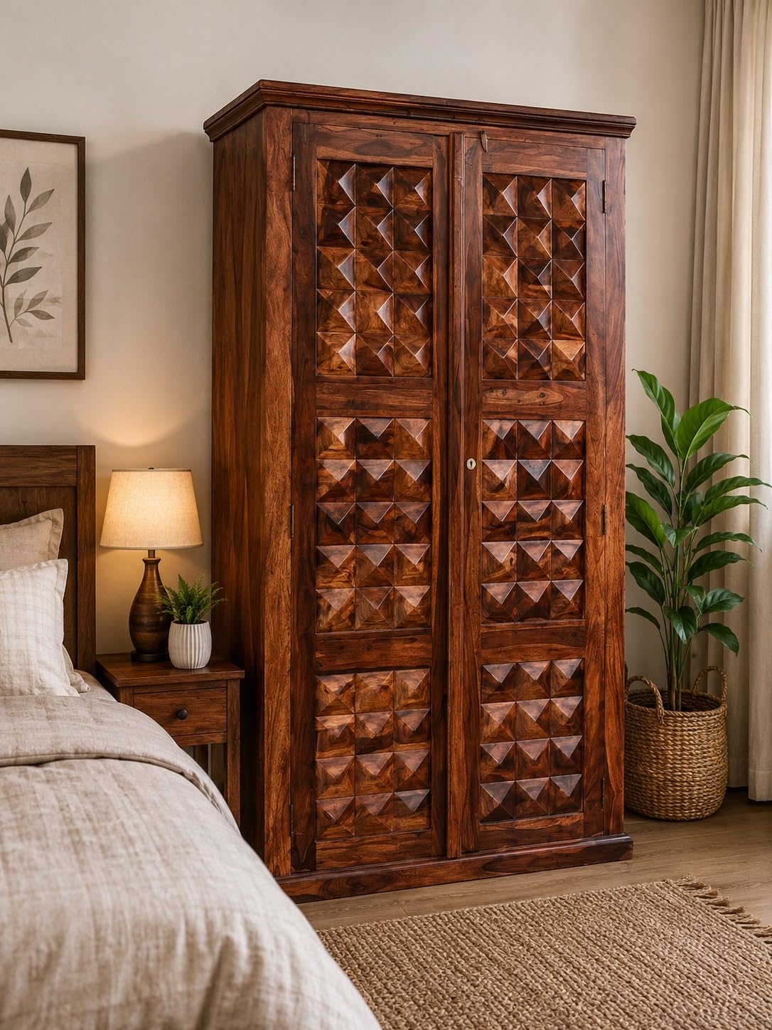 Solid Sheesham 2 Door Wooden Diamond Cut Almirah Wardrobes for Livingroom Bedroom & Hollway | Cupboard Bookshelf Handcrafted Storage Cabinet for Home Decor | Honey Finish-image-44