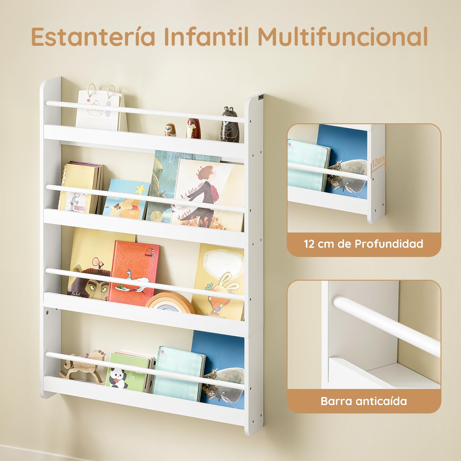 SoBuy Libreria Infantil Montessori Estanteria Libros Infantil de Pared con 4 Niveles Biblioteca para Niño Estanteria Habitacion Organizador Juguetes Blanco 80x12x118cm KMB08-II-W