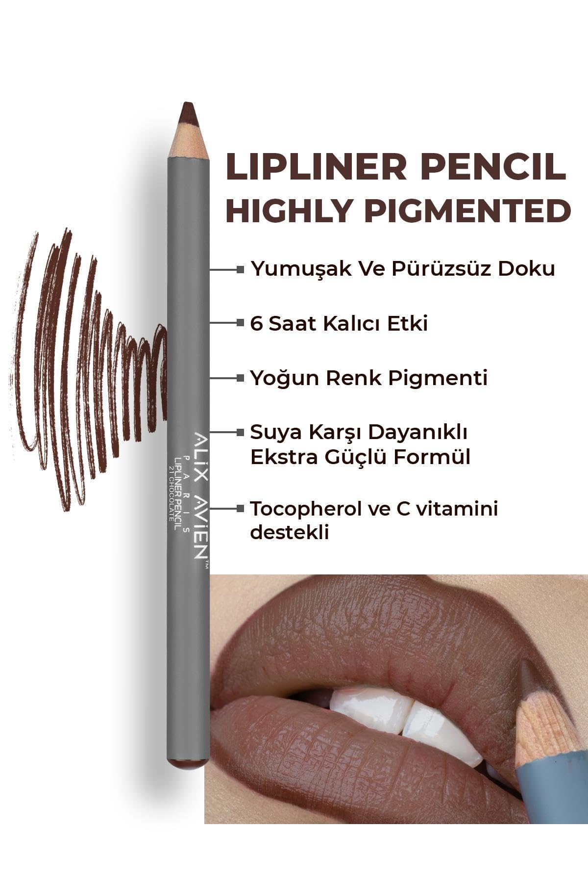 ALIX AVIEN Uzun Süre Kalıcı Dağılma Yapmayan Nemlendirici Dudak Kalemi - Lipliner Pencil 21 Chocolate (4 paketi)