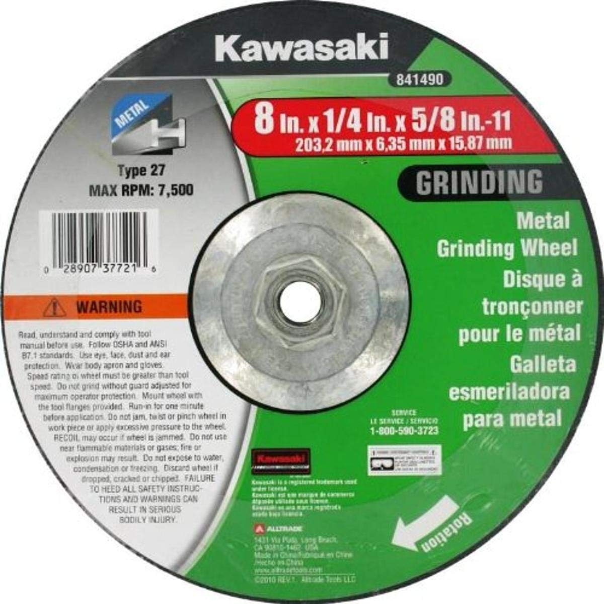 Kawasaki 841490 8-Inch x 1/4-Inch x 5/8-Inch 11 Metal Hub Grinding Wheel