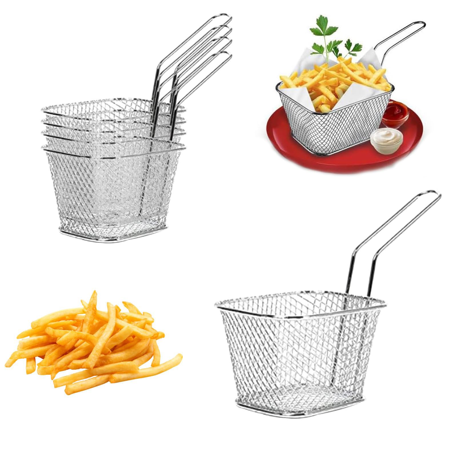 TULEBOLIAN 5 Stück Pommes Körbchen– Edelstahl Frittierkorb mit Griff, Wiederverwendbar – 10.5x8.5x6.5cm – Ideal zum Braten, Servieren & Aufbewahren von Pommes Frites, Zwiebelringen & Snacks Küche, Haushalt & Wohnen