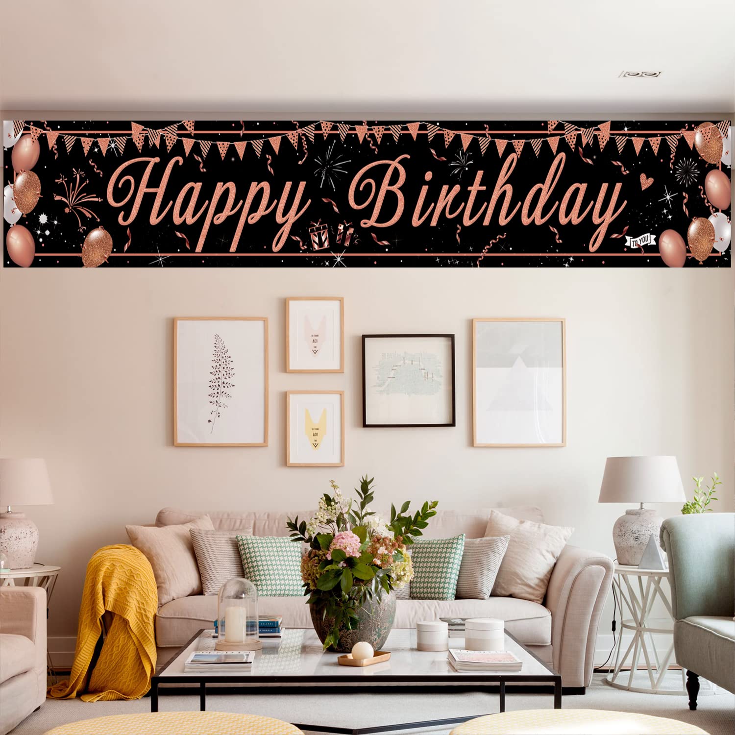 Large Black & Rose Gold Happy Birthday Banner - Extra Wide Fabric Backdrop For Girls & Women Birthday Party Decor