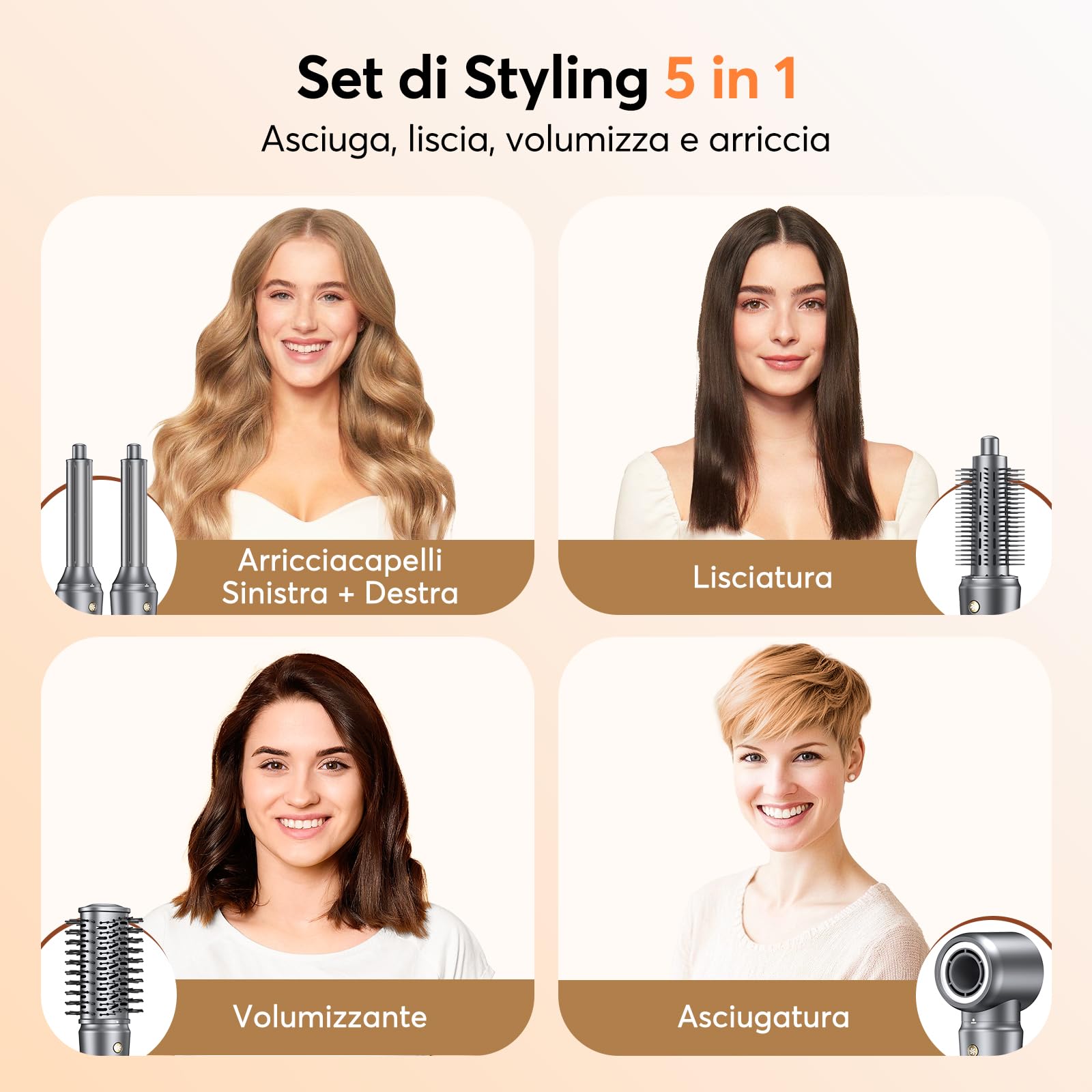 Bopcal Hair Styler 5 in 1 Asciugacapelli - Professionale Phon Capelli，Arricciacapelli Automatico 32MM, Spazzola Aria Calda con Milioni Ionico, Volumizzant, Liscio, Regali 892-B