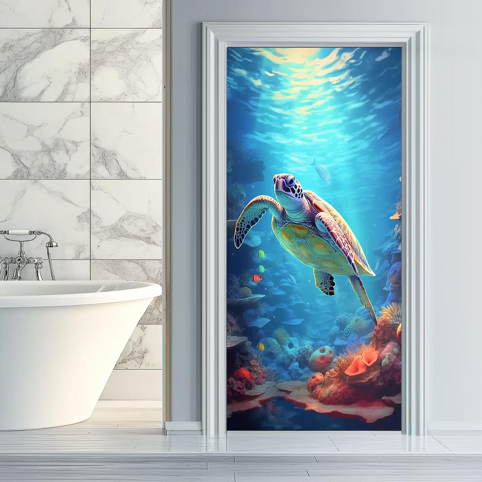 Naklejka na drzwi zwierzę żółw morski 95x215 cm plakat na drzwi naklejki ścienne, samoprzylepna naklejka ścienna koralowy podwodny świat, do sypialni salonu kuchni łazienki, niebieska