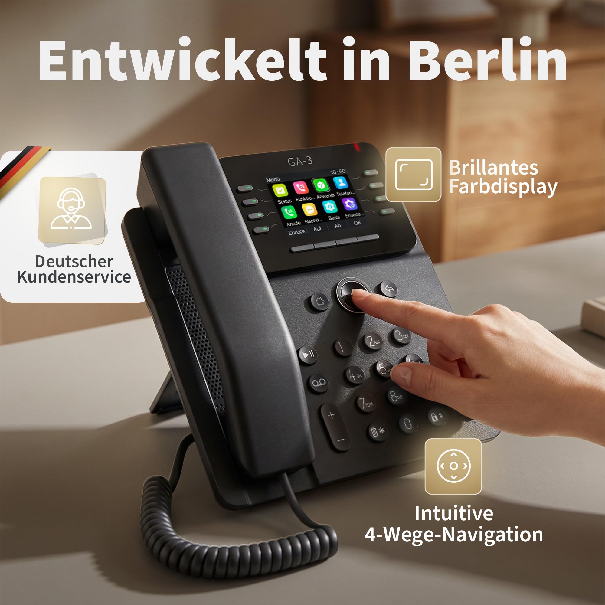 GEQUDIO GA-3 Festnetztelefon Schnurgebunden Anrufbeantworter Farbdisplay Tischtelefon für alle Anschlüsse FritzBox Speedport TAE Hybrid IP Deutsche Anleitung USB EU-Version