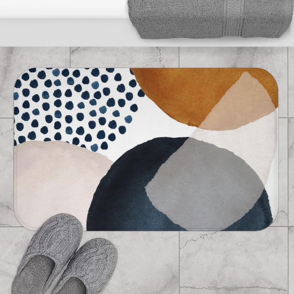 AOTSWHX Bath Mat Abstract Art Non-Slip Modern Boho Navy Blue Burnt Orange Beige White Bohemian Shower Mid Century Minimalist Decor Interior Doormat
