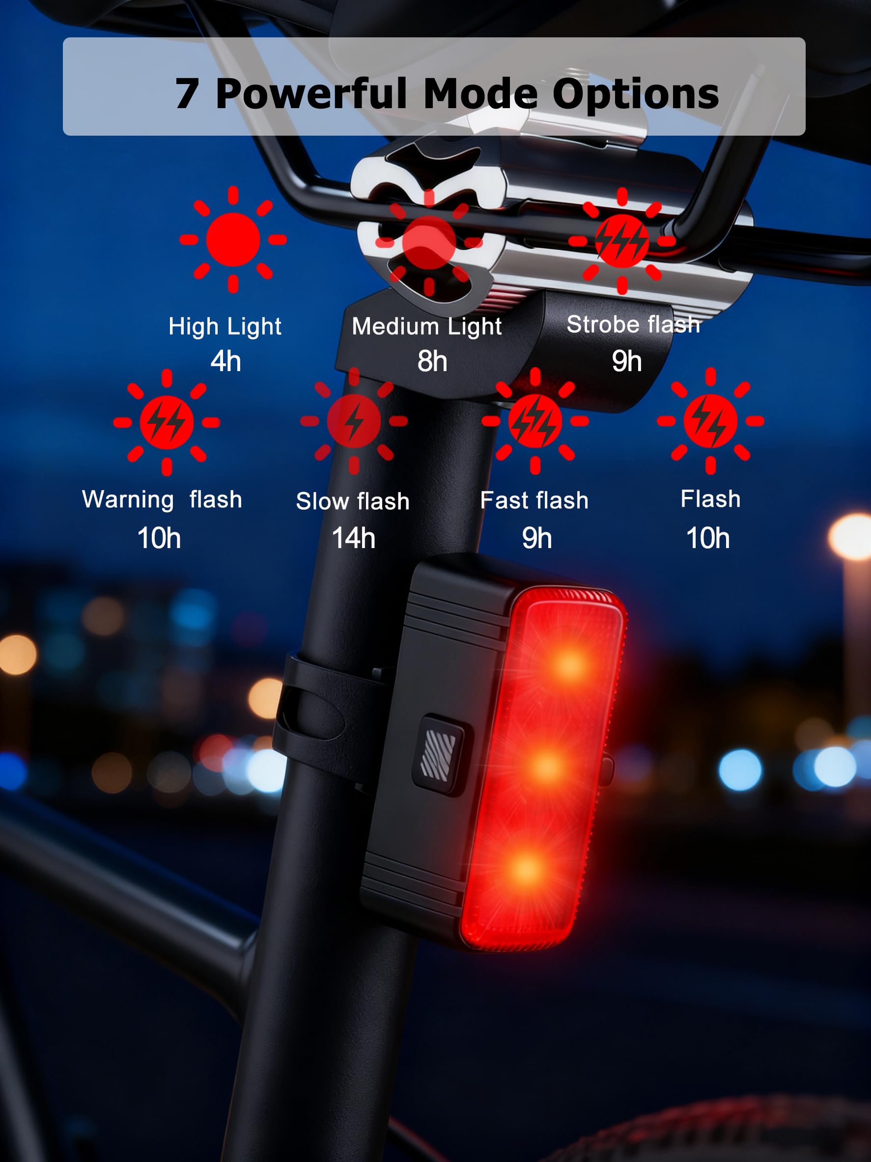 Kit di luci a LED per bicicletta, set di 2 fari e 2 fanali posteriori, luci ricaricabili impermeabili IPX4, 5 modalità anteriori/7 modalità, luci notturne posteriori per la sicurezza, per bambini