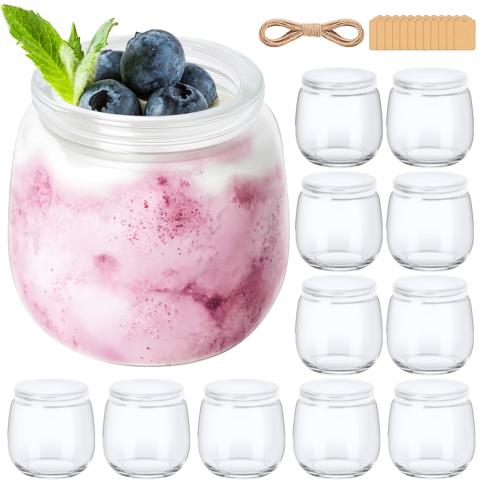 200ml Vasetti per Yogurt con Coperchio, 12 pezzi Piccoli Vasetti Yogurt Vetro, Barattoli per Yogurt, Contenitori in Vetro per Budino e Yogurt