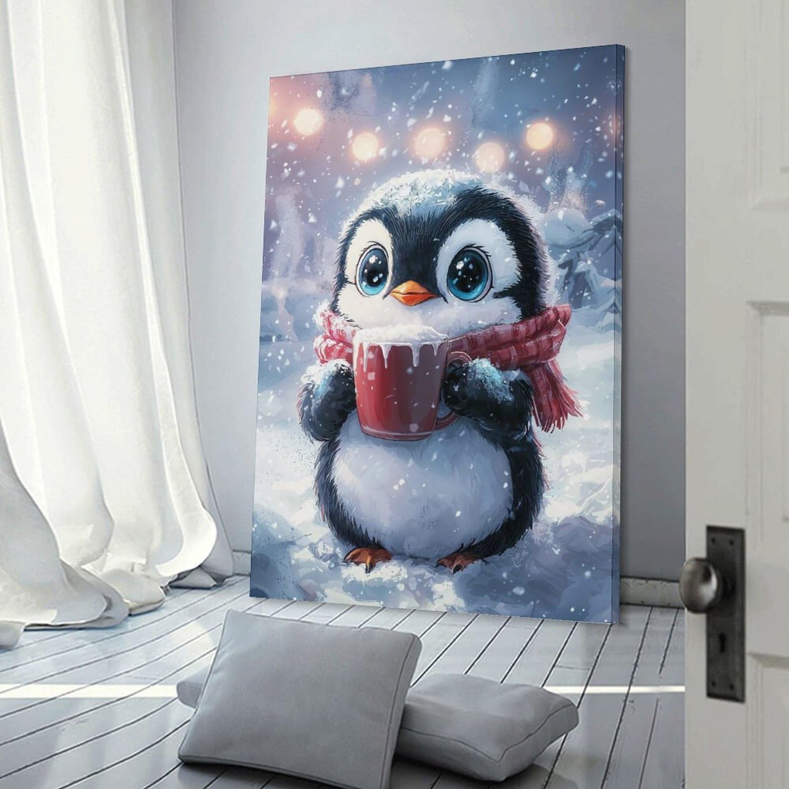 Junmoney Frame-Style-2 Cute Penguin With Hot Cocoa Canvas Wall Decor, 20X30inch(50X75cm), For Wall Displays, Bedrooms Or Room Updates, Wall Decor Suited To Curated Displays