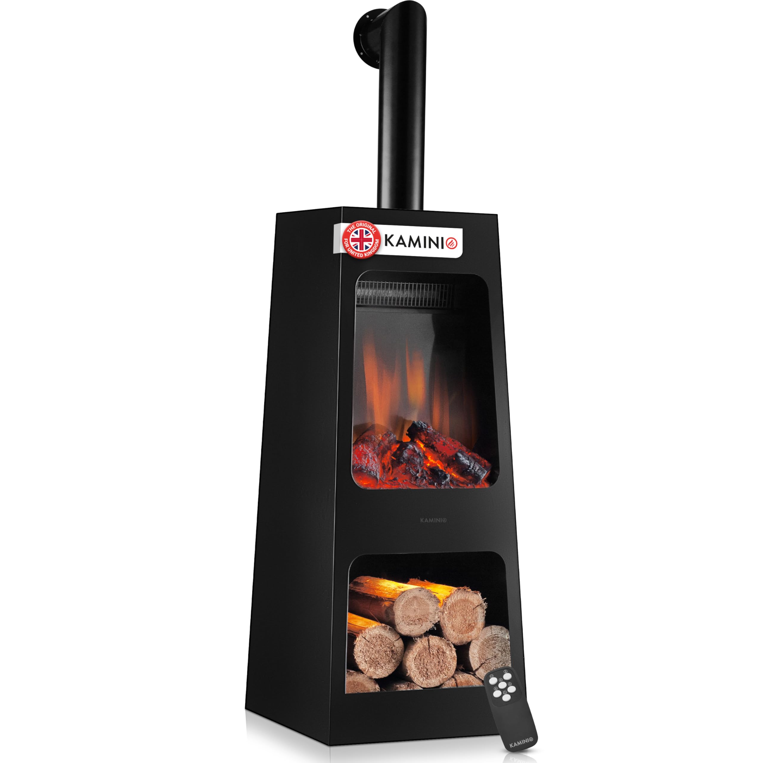 Kaminio Black Electric Garden Fireplace Kai - Electrical Freestanding Patio Stove With Heater, 3D Flame Effect, Led Mood Light, Wood Storage Compartment, Remote Control - (Large With Pipe)