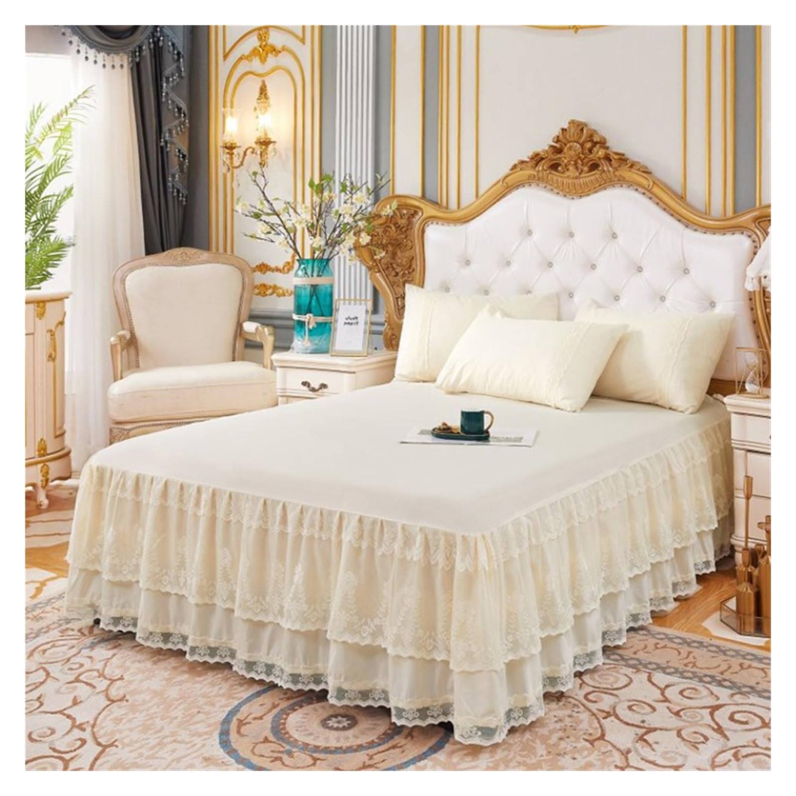 Gonne Da Letto Gonna Da Letto In Pizzo Copriletto Da Ragazza Principessa Di Lusso Queen King Size Lenzuola(White,200x220x45cm)