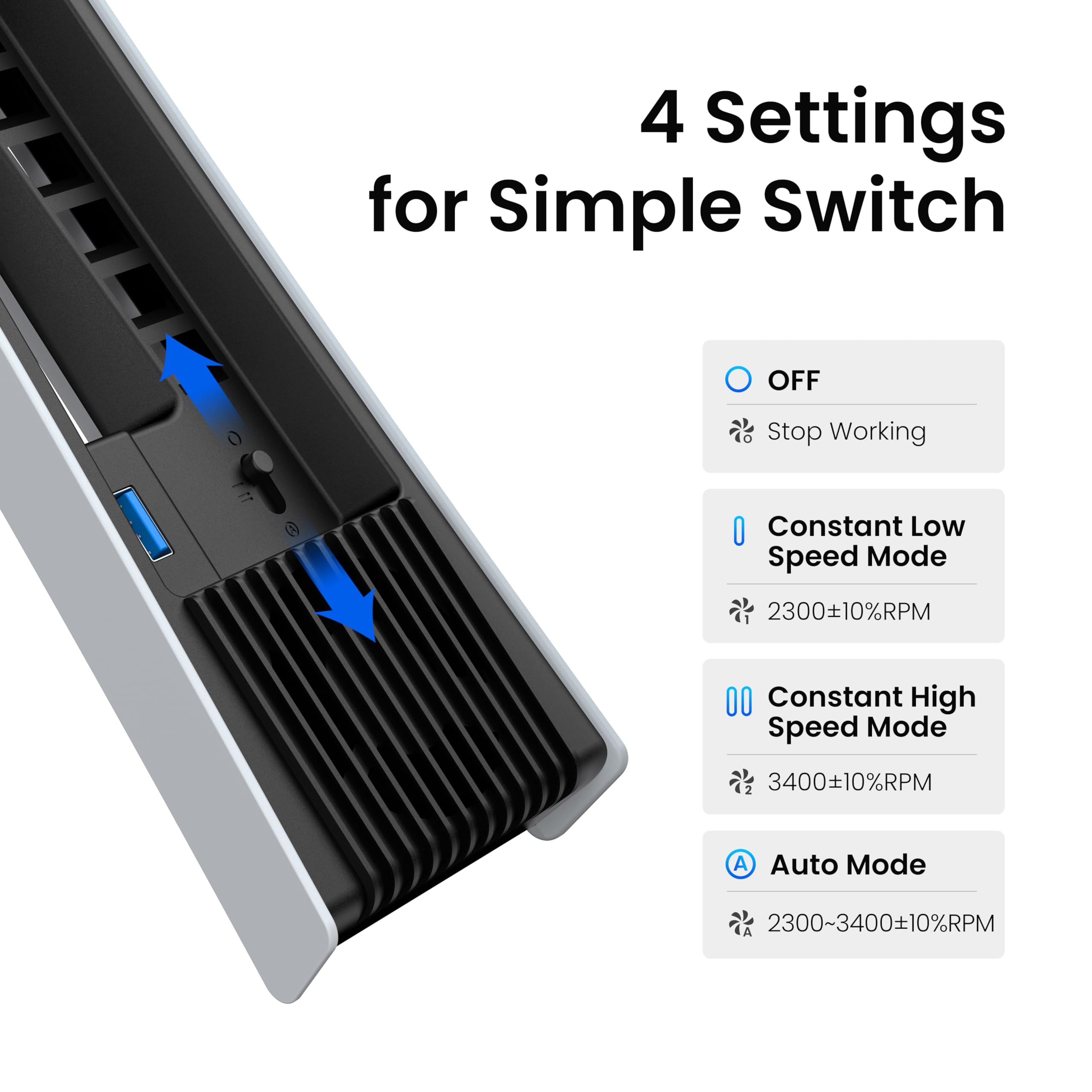 KIWIHOME Upgrade-Lüfter für PS5 Pro mit 4 Lüftern & 36 Lamellen, Leisere Kühlung mit regelbarer Geschwindigkeit, Auto Ein/Aus, USB 3.0 Anschluss, Nicht kompatibel mit PS5 2020/Slim Version 2023